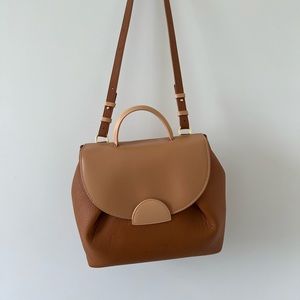 Charming Round Camel Tri-Tone Leather Satchel Crossbody bag with half-moon lock